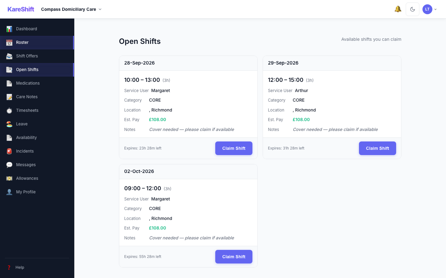 Open Shift Board — claimable vacant shifts with pay estimate and expiry