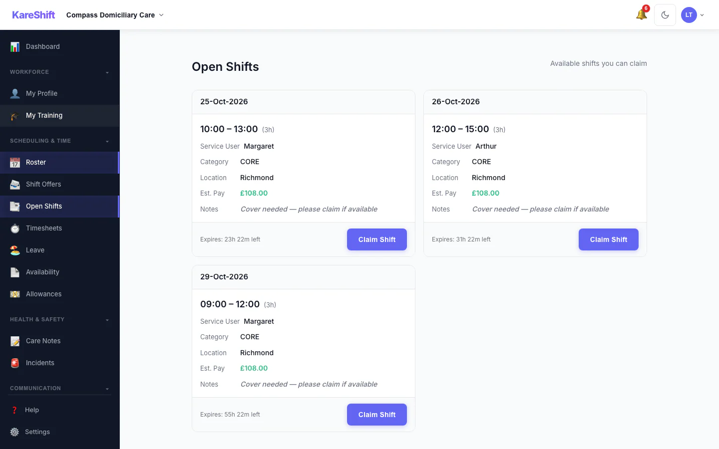 Open Shift Board — claimable vacant shifts with pay estimate and expiry