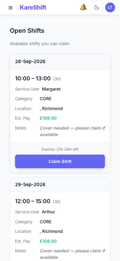 Open Shift Board — claimable vacant shifts with pay estimate and expiry — mobile view