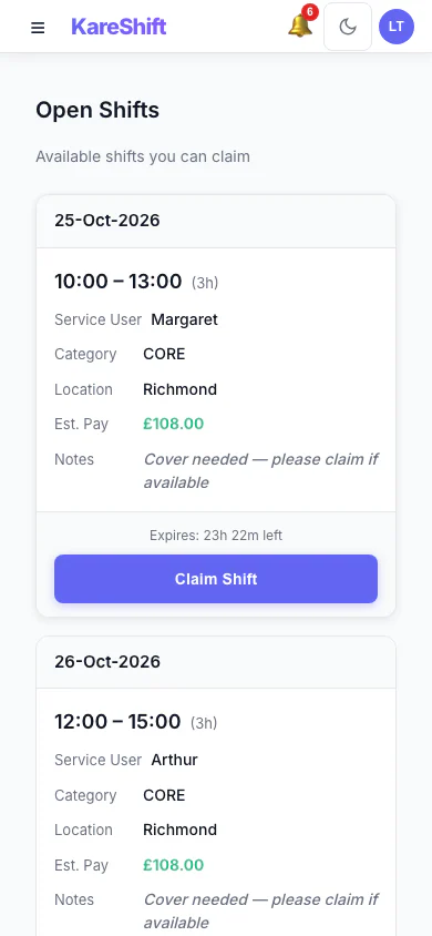 Open Shift Board — claimable vacant shifts with pay estimate and expiry — mobile view
