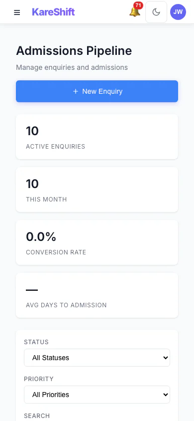 Admissions Pipeline: Track every enquiry from first call to admission: stage, priority, source and days waiting. (mobile view)