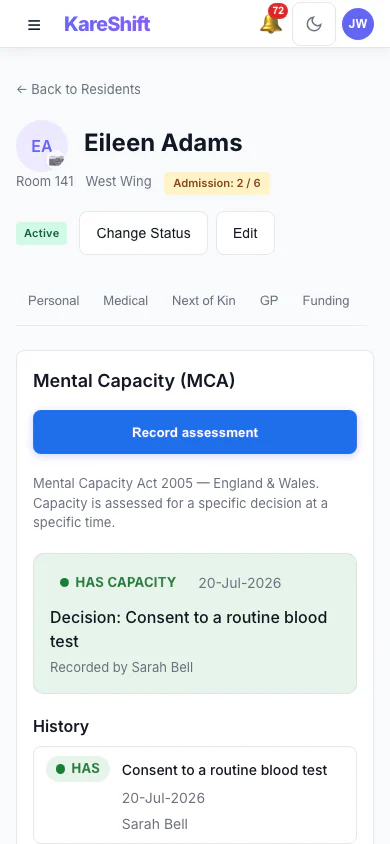 Mental Capacity Act assessment — capacity outcome, best-interests decision and history