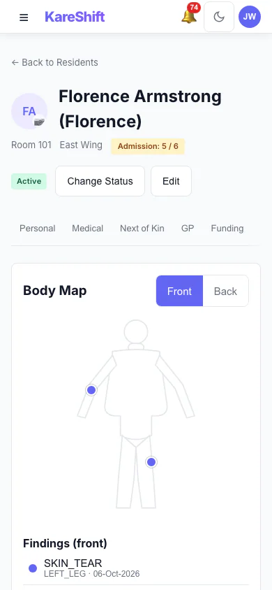 Body Map — Front: Mark skin findings on the front of the body and see them in the resident's record. (mobile view)