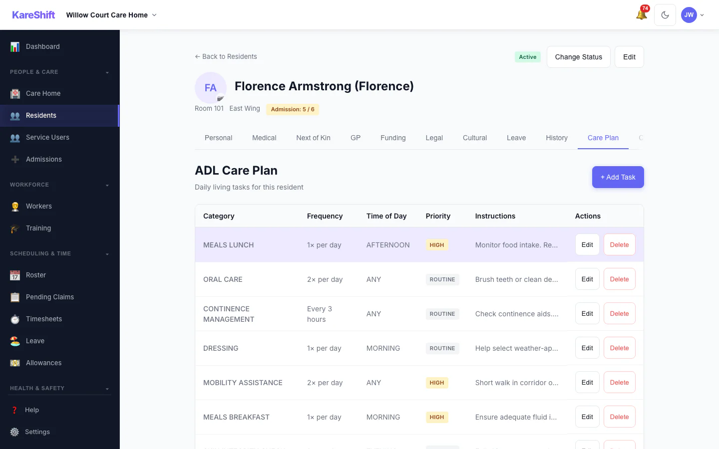Resident Care Plan: The care plan for a resident, in the same record as everything else.