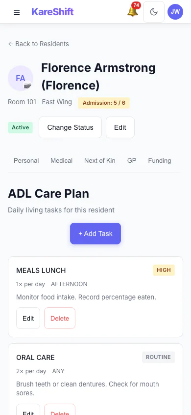 Resident Care Plan: The care plan for a resident, in the same record as everything else. (mobile view)