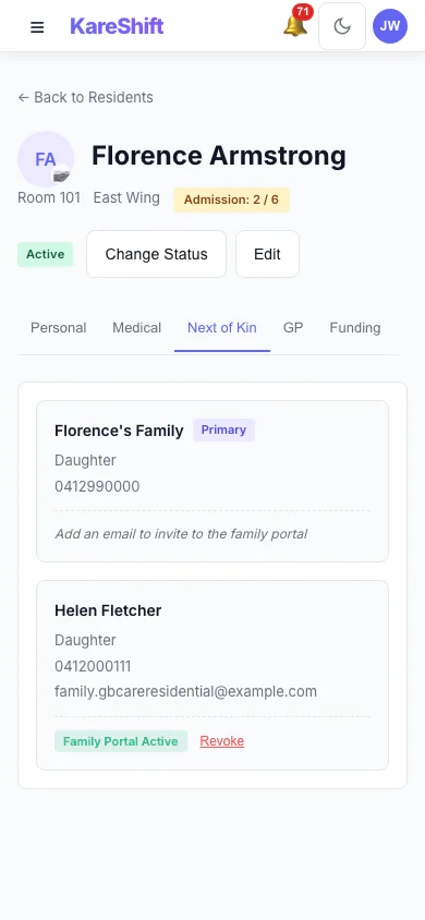 Next of Kin and Family Portal: Contacts on a resident's record, and who has family portal access. (mobile view)