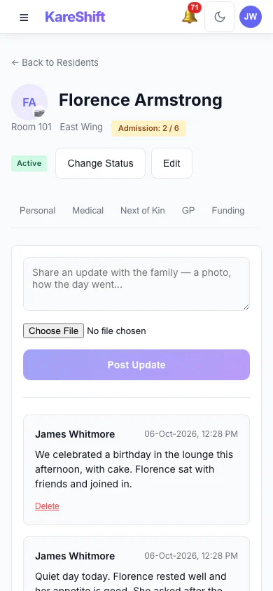 Family Updates: Post an update to the family and see what has already been shared. (mobile view)