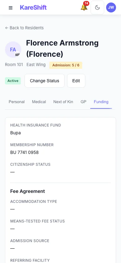 Resident Funding: Funding and fee details held on the resident's record. (mobile view)
