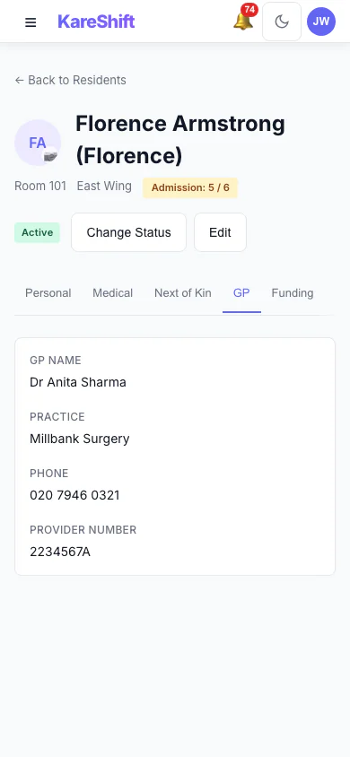 Resident GP Details: The resident's GP and contact details. (mobile view)