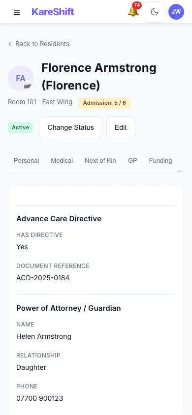 Resident Legal Documents: Advance care directive and power of attorney recorded for the resident. (mobile view)
