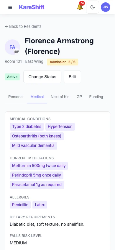 Resident Medical Profile: Conditions, medications, allergies and falls risk. (mobile view)