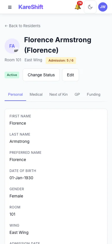 Resident Personal Details: The resident's personal details and room. (mobile view)