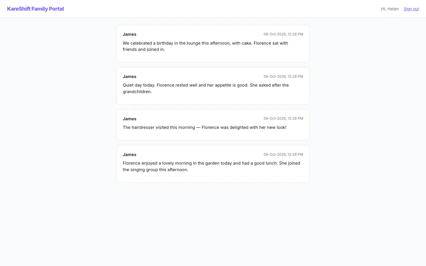 Family Portal — Updates: A relative's private feed of staff-written updates about their family member.