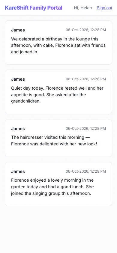 Family Portal — Updates: A relative's private feed of staff-written updates about their family member. (mobile view)
