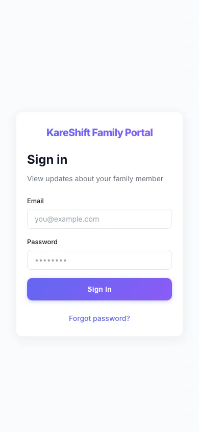 Family Portal — Sign In: Relatives sign in to their own portal, separate from the staff app. (mobile view)
