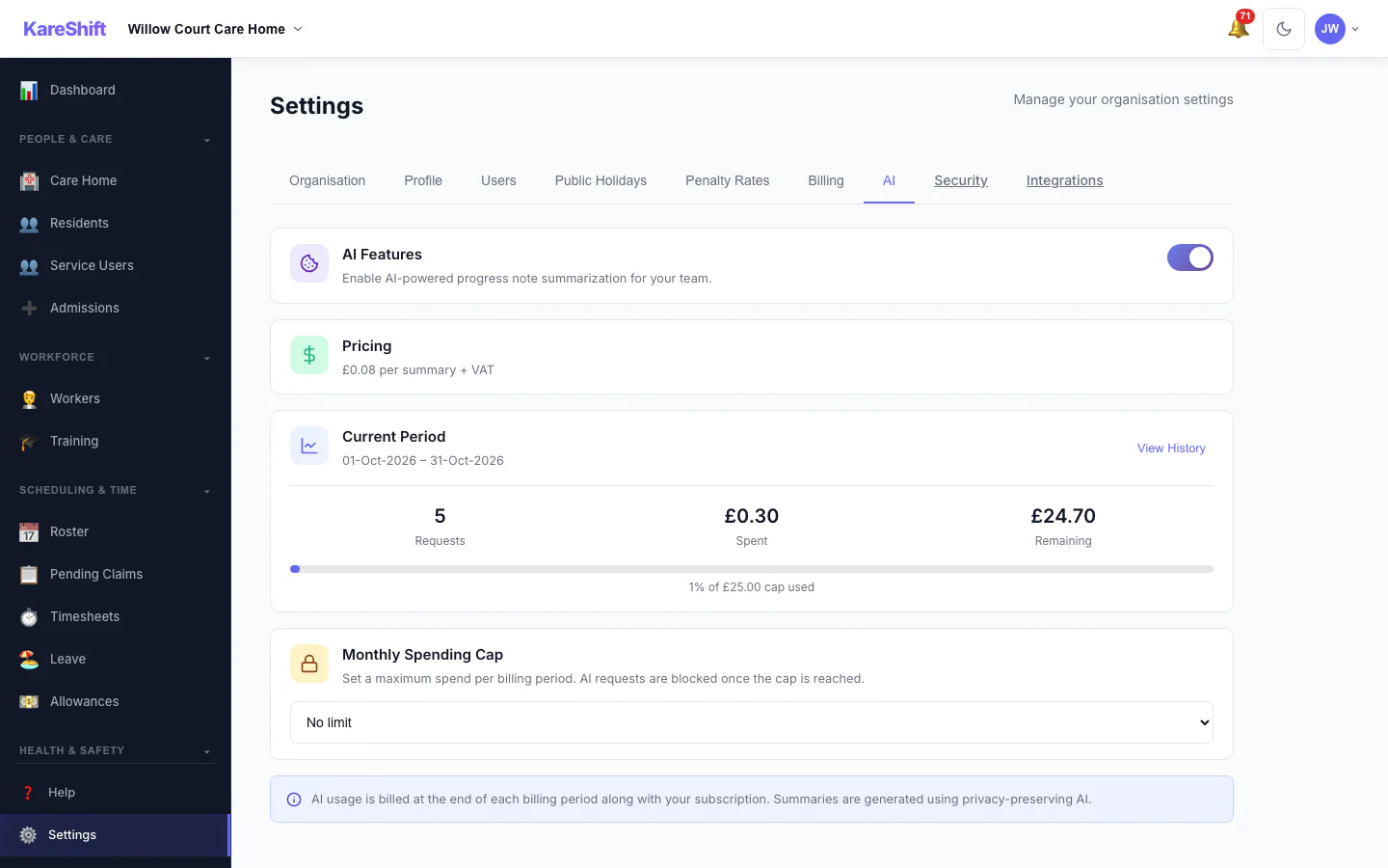 AI Settings: Turn AI progress summaries on for your organisation, set a monthly spending cap and see this period's usage.