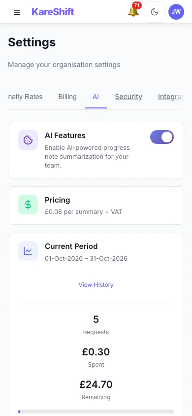 AI Settings: Turn AI progress summaries on for your organisation, set a monthly spending cap and see this period's usage. (mobile view)