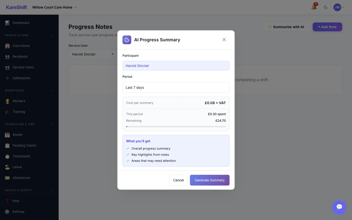 AI Progress Summary — Choose a Period: Pick a participant and a date range, see the cost per summary, then generate. Off by default; owners switch it on.