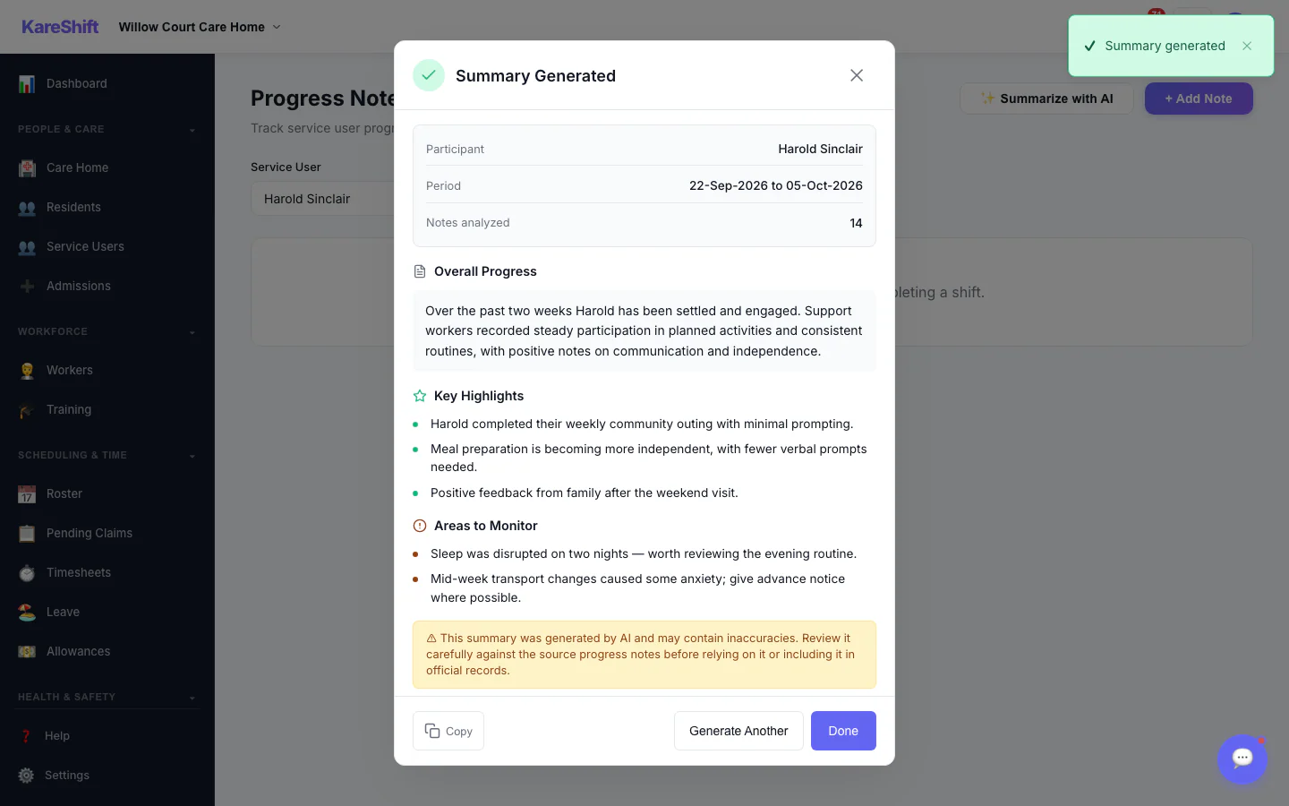 AI Progress Summary — Result: A written summary with highlights and areas to monitor. Staff review it before relying on it.