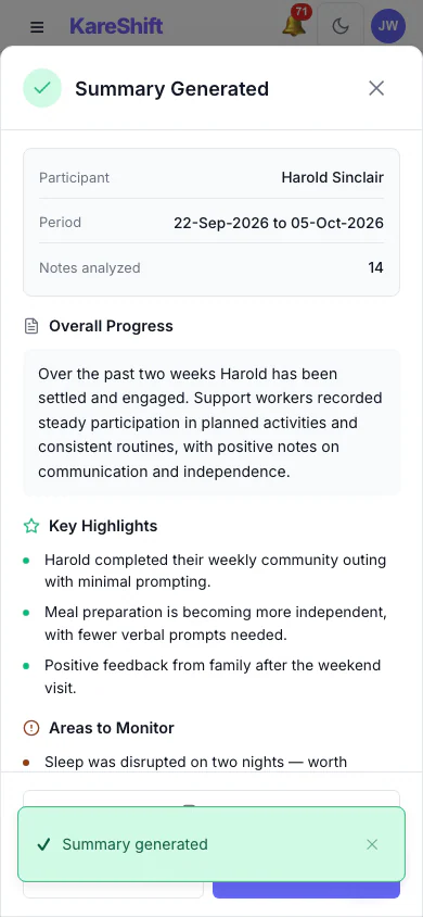 AI Progress Summary — Result: A written summary with highlights and areas to monitor. Staff review it before relying on it. (mobile view)