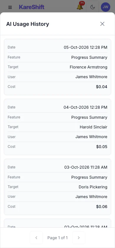 AI Usage History: Every summary generated, who ran it, for whom and what it cost. (mobile view)
