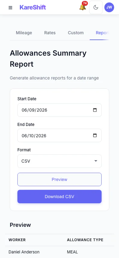 Allowances Report: Preview and export what was paid in allowances over a period, with a grand total. (mobile view)