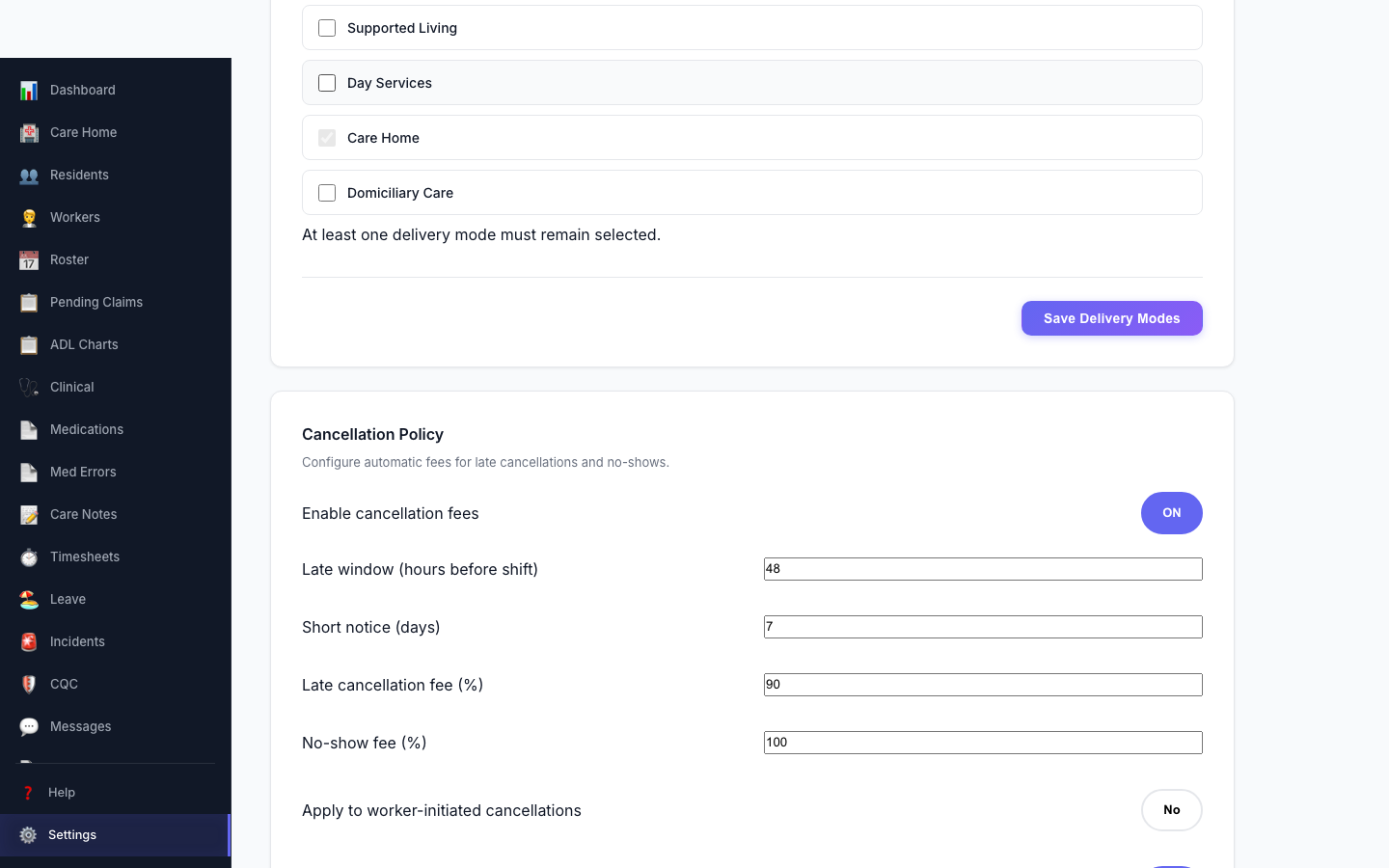 Cancellation Policy settings — automate late-cancellation and no-show fees