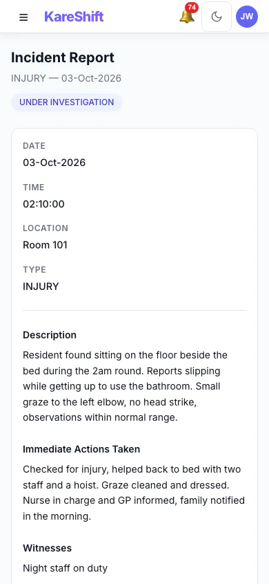 Incident Detail: An incident with its status, details and the update trail of who did what. (mobile view)