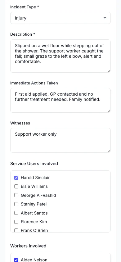 Report an Incident: Record what happened, who was involved and what was done straight away. (mobile view)