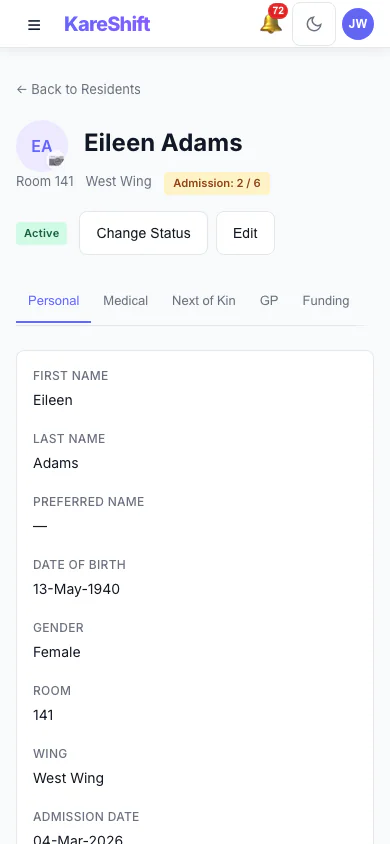 Resident Detail — profile, care plan, ADL charts and clinical observations — mobile view