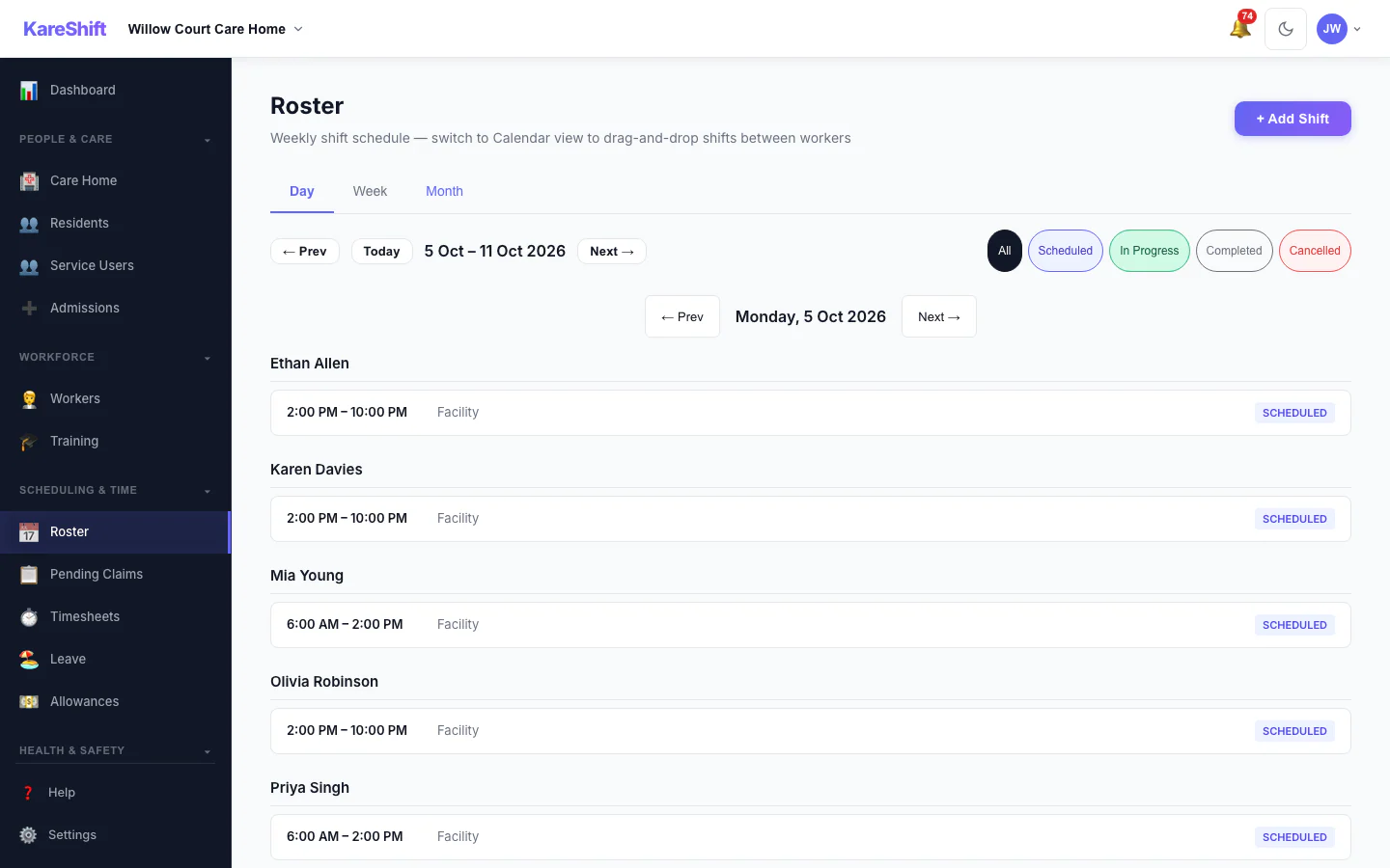 Roster — Day View: One day's shifts grouped by worker.