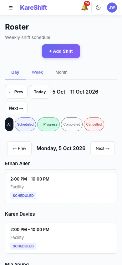 Roster — Day View: One day's shifts grouped by worker. (mobile view)
