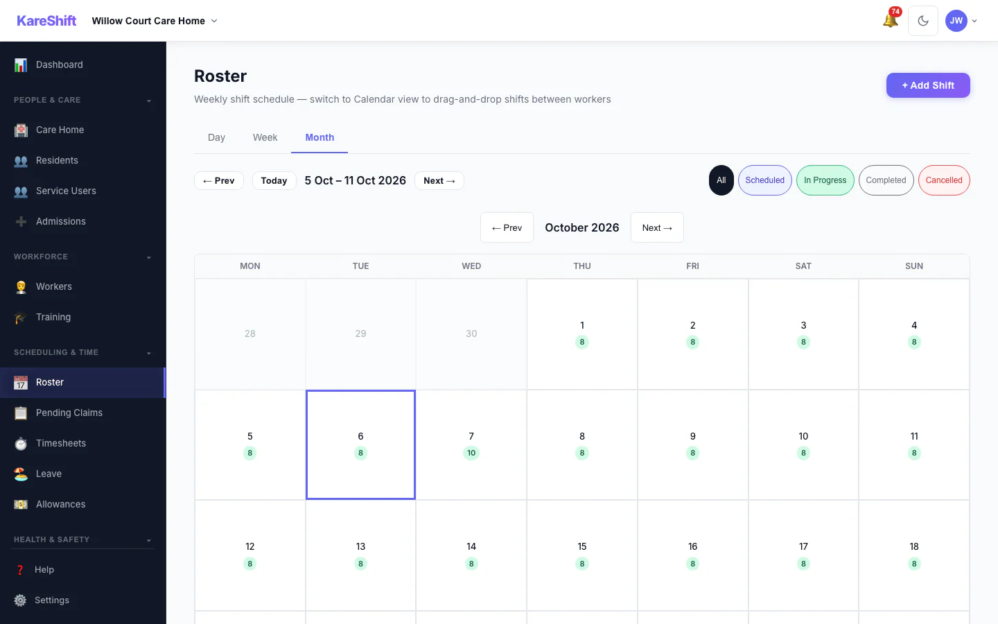 Roster — Month View: A month at a glance with shift counts for each day.