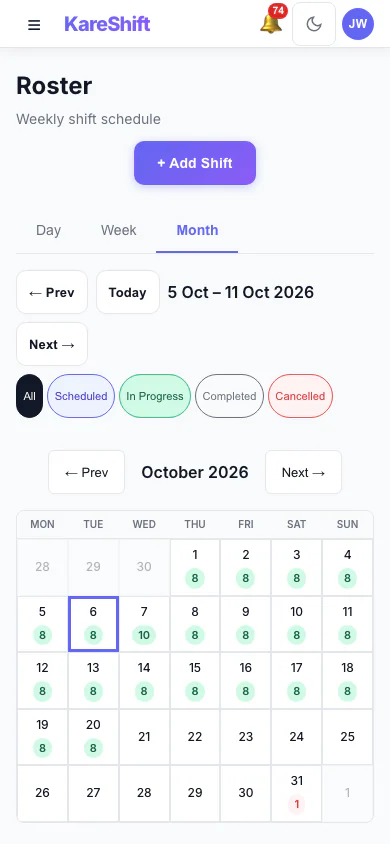 Roster — Month View: A month at a glance with shift counts for each day. (mobile view)