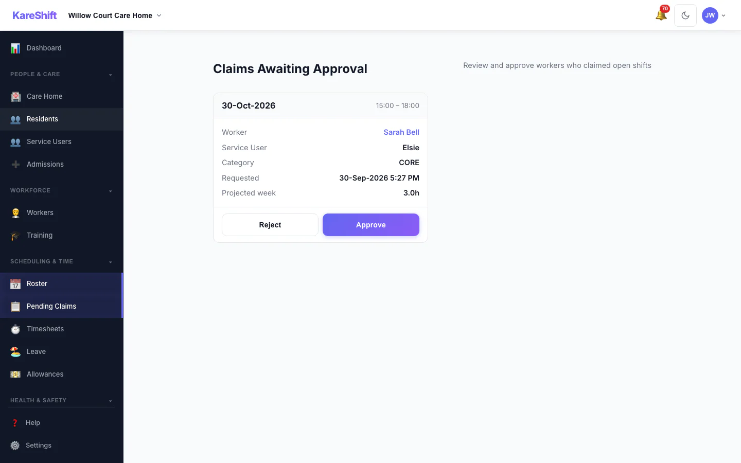 Claim Approval — coordinator reviews open-shift claims with projected weekly hours and an overtime warning