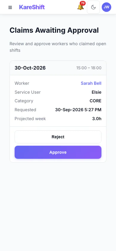 Claim Approval — coordinator reviews open-shift claims with projected weekly hours and an overtime warning — mobile view