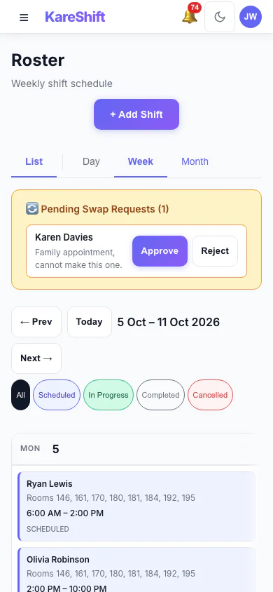 Shift Swap Requests: Pending swap requests with approve and reject. (mobile view)