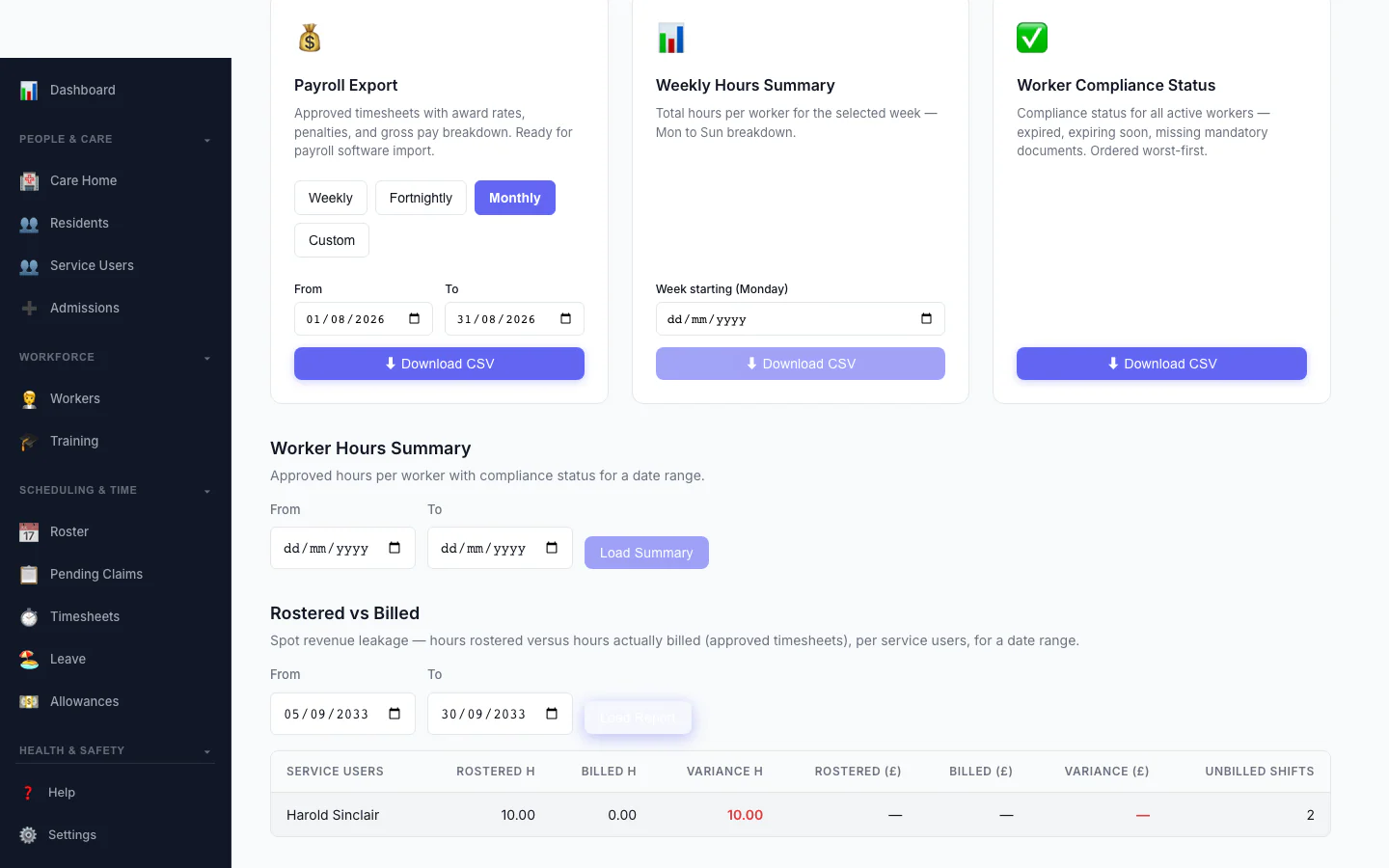 Rostered vs Billed report — hours rostered versus hours billed, with the shortfall highlighted