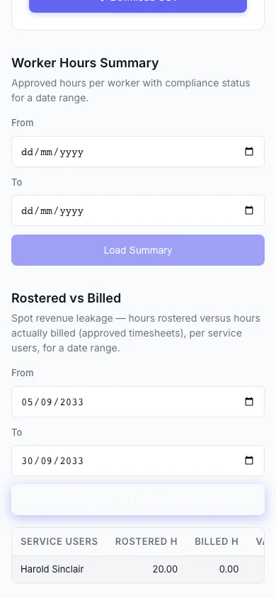 Rostered vs Billed report — hours rostered versus hours billed, with the shortfall highlighted — mobile view
