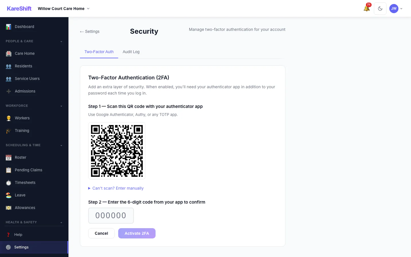 Set Up Two-Factor Authentication: Scan a code with an authenticator app, then enter the six-digit code to switch it on.