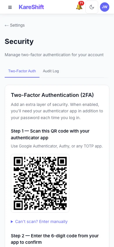 Set Up Two-Factor Authentication: Scan a code with an authenticator app, then enter the six-digit code to switch it on. (mobile view)