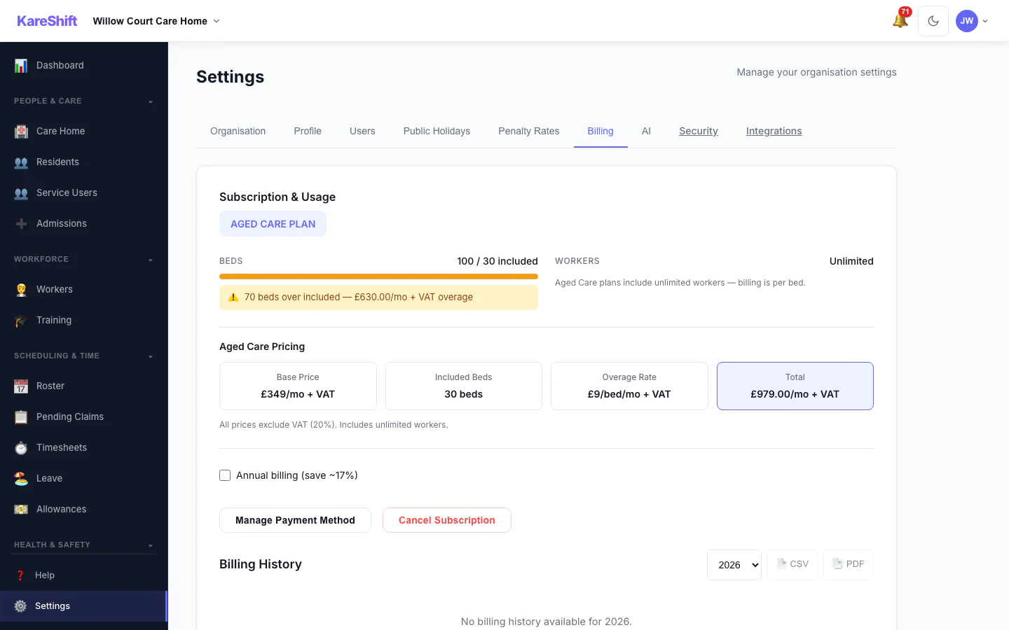 Billing and Plan: Your plan, worker usage and billing history.
