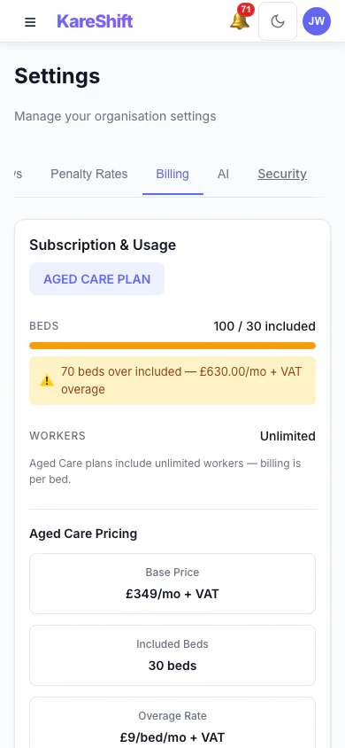 Billing and Plan: Your plan, worker usage and billing history. (mobile view)