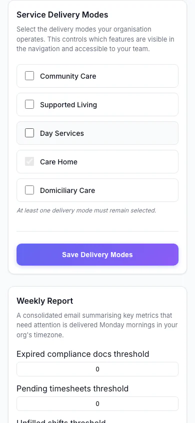 Service Delivery Modes: Choose which kinds of service your organisation delivers. (mobile view)
