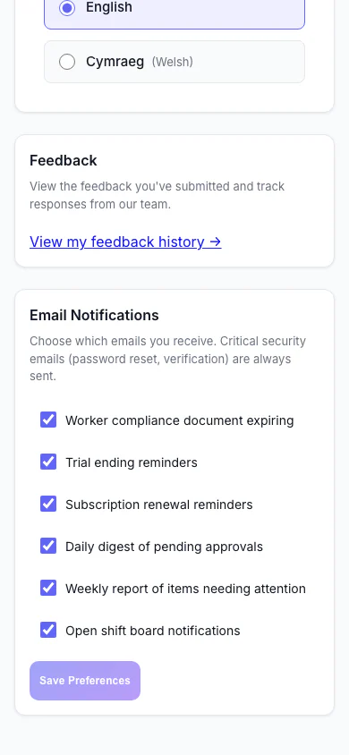 Notification Preferences: Choose which emails you receive. (mobile view)