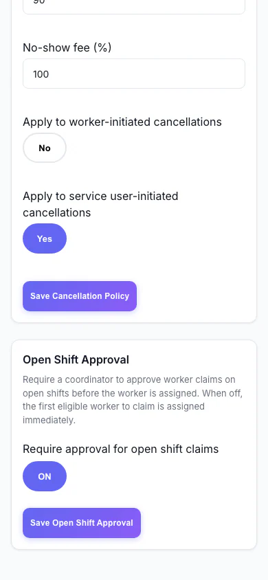 Open Shift Approval: Decide whether workers can claim open shifts straight away or need approval. (mobile view)