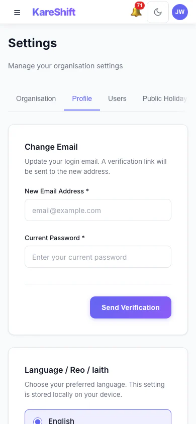 Your Profile Settings: Your login email and email notification choices. (mobile view)