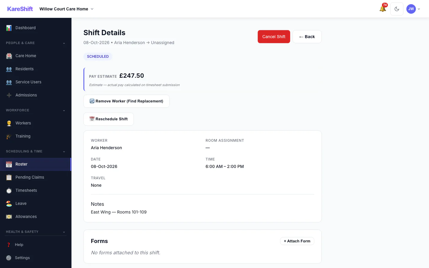 Shift Detail: A shift with its worker, pay estimate and attached forms.