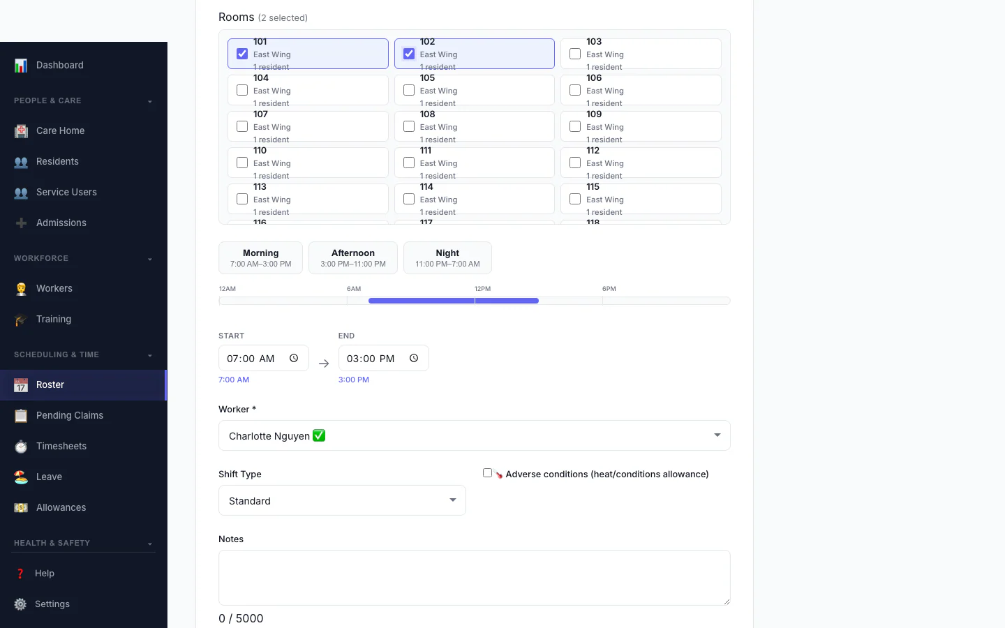 Add a Shift: Pick the person, date and times, and see suggested workers.