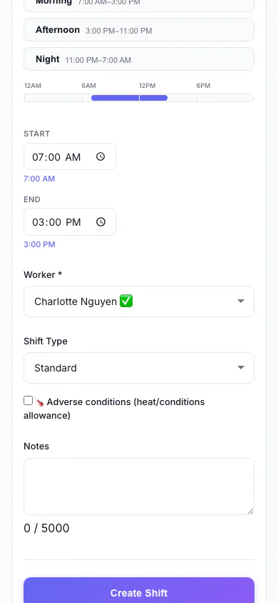 Add a Shift: Pick the person, date and times, and see suggested workers. (mobile view)